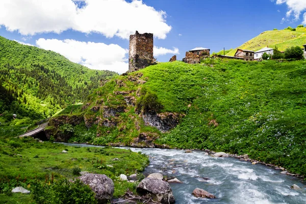 Falu Ushguli Közelében Legmagasabb Lakott Falu Európában Kaukázus Felső Szvaneti — Stock Fotó
