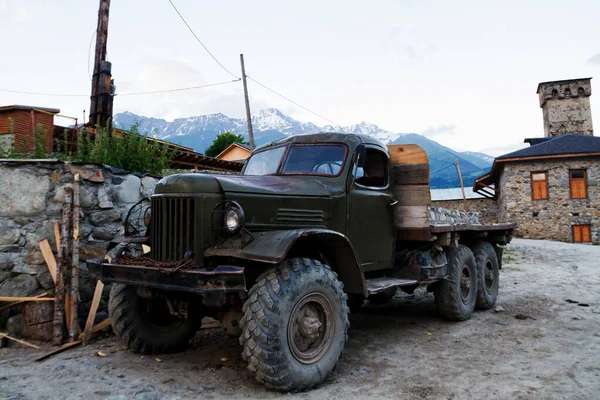 MESTIA, GEORGIA - JUNE 27: Old russian truck parked on June 27, 2013 in Mestia, Georgia. In post-comunist lands, old russian trucks are still in service.