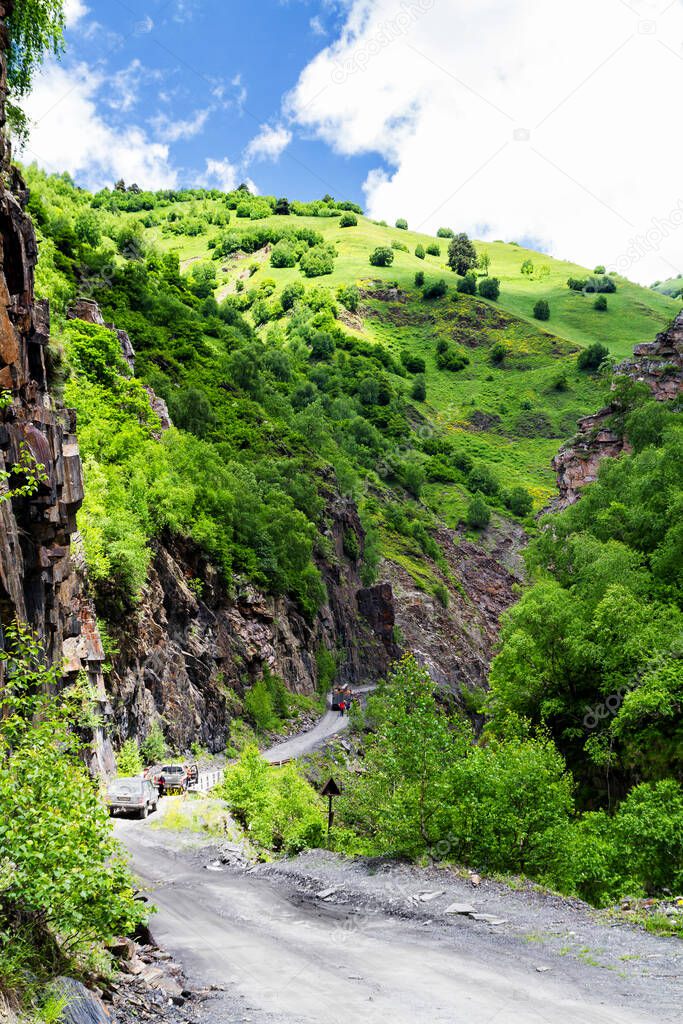 USHGULI, GEORGIA - JUNE 26: Road to Ushguli from Mestia on June 26, 2013 near Ushguli, Georgia. Ushguli is the highest located inhabited village in Europe.