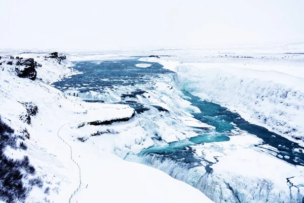 Cascate Gullfoss Islanda Inverno Quando Cascate Sono Parzialmente Ghiacciate — Foto Stock