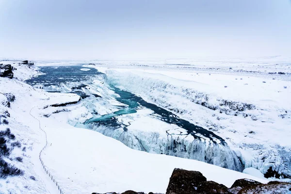 Cataratas Gullfoss Islândia Inverno Quando Quedas São Parcialmente Congeladas — Fotografia de Stock