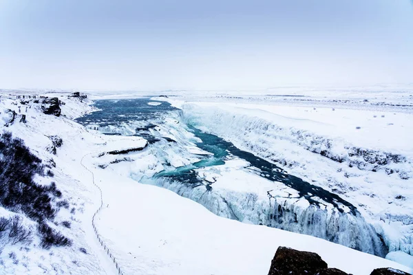 Wodospad Gullfoss Islandii Zimą Gdy Wodospady Częściowo Zamrożone — Zdjęcie stockowe