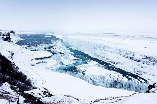 Cascate Gullfoss Islanda Inverno Quando Cascate Sono Parzialmente Ghiacciate — Foto Stock