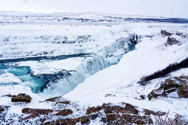 Gullfoss Falls Island Vintern När Fallen Delvis Frysta — Stockfoto