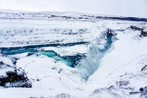 Gullfoss Falls Island Vintern När Fallen Delvis Frysta — Stockfoto