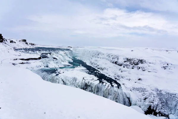 Водоспад Гульфосс Ісландії Взимку Коли Водоспади Частково Замерзли — стокове фото