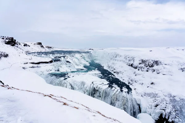 Cascate Gullfoss Islanda Inverno Quando Cascate Sono Parzialmente Ghiacciate — Foto Stock