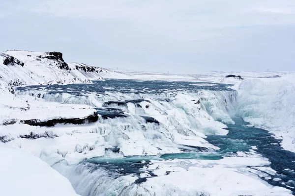 Wodospad Gullfoss Islandii Zimą Gdy Wodospady Częściowo Zamrożone — Zdjęcie stockowe
