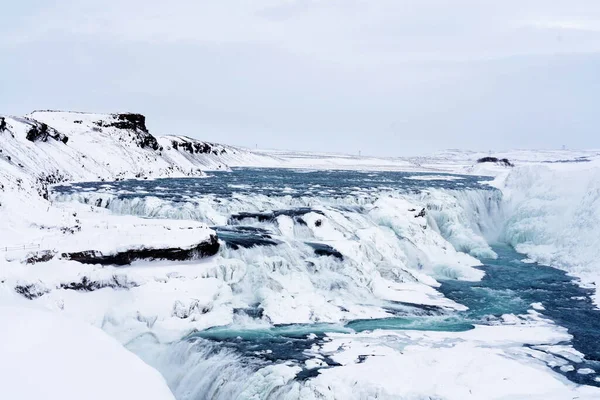 Водоспад Гульфосс Ісландії Взимку Коли Водоспади Частково Замерзли — стокове фото