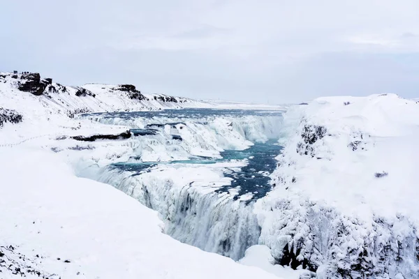 Cascate Gullfoss Islanda Inverno Quando Cascate Sono Parzialmente Ghiacciate — Foto Stock