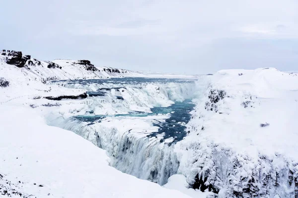 Gullfoss Falls Island Vintern När Fallen Delvis Frysta — Stockfoto