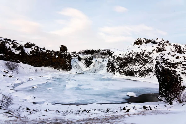 Hjalparfoss Vodopád Islandu Zimě — Stock fotografie