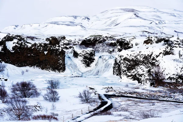 Cascata Hjalparfoss Islanda Inverno — Foto Stock