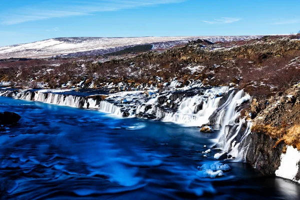 Barnafoss Och Hraunfossar Vattenfall Vintern Lång Exponering Ett Mest Populära — Stockfoto