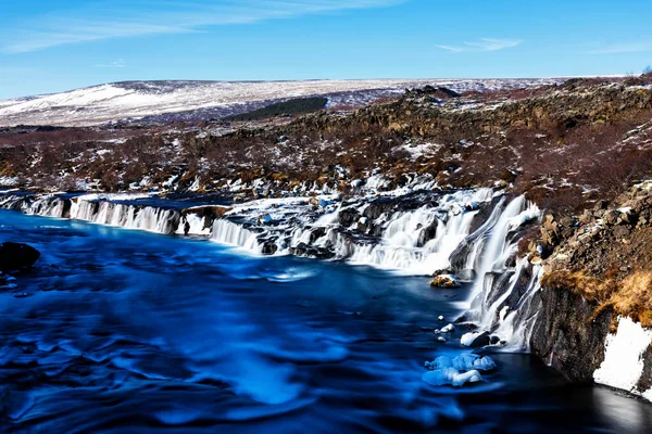 Cascadas Barnafoss Hraunfossar Invierno Larga Exposición Una Las Cascadas Más — Foto de Stock