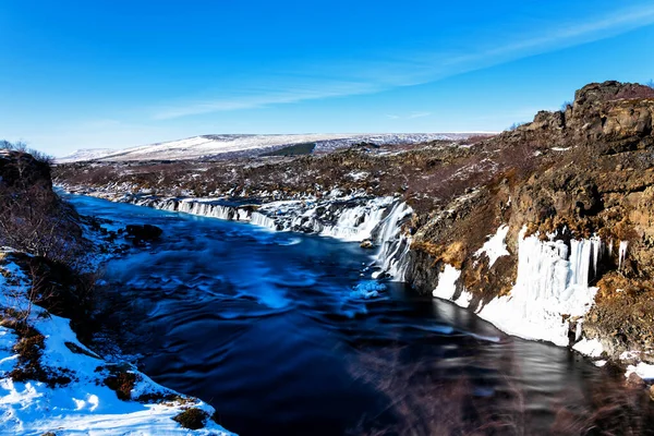 Wodospady Barnafoss Hraunfossar Zimą Długa Ekspozycja Jeden Najpopularniejszych Wodospadów Islandii — Zdjęcie stockowe