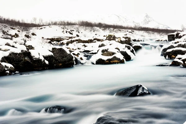 Incredible View Bruarfoss Waterfall Winter Blue Water Flows Stones Midnight — Stock Photo, Image