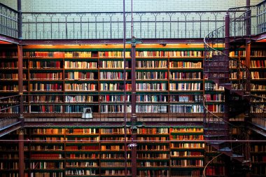 Amsterdam, Hollanda - Kasım 2019: Hollanda 'daki en büyük halk sanatı tarihi araştırma kütüphanesi olan Rijksmuseum Araştırma Kütüphanesi' ndeki kitapları gösteren geniş açılı bir çekim.