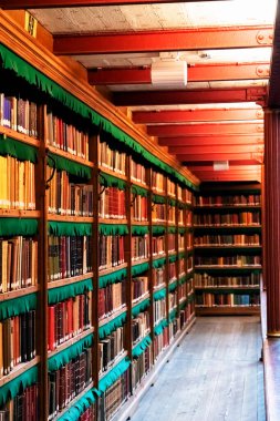 Amsterdam, Hollanda - Kasım 2019: Hollanda 'daki en büyük halk sanatı tarihi araştırma kütüphanesi olan Rijksmuseum Araştırma Kütüphanesi' ndeki kitapları gösteren geniş açılı bir çekim.