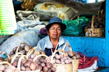 OTAVALO, ECUADOR - NOV 6, 2019: Geleneksel giysiler içinde tanımlanamayan Ekvadorlu kadın Otavalo Market 'te çalışıyor. Ekvador halkının% 71,9 'u Mestizo etnik grubuna ait.