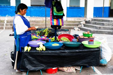 OTAVALO, ECUADOR - NOV 6, 2019: Geleneksel giysiler içinde tanımlanamayan Ekvadorlu kadın Otavalo Market 'te çalışıyor. Ekvador halkının% 71,9 'u Mestizo etnik grubuna ait.