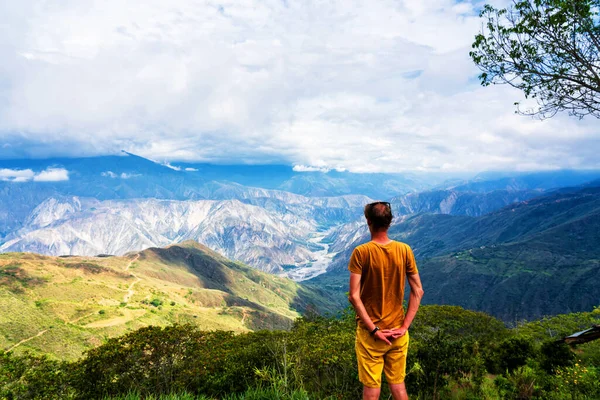 アンデス山脈のコロンビアのチカモチャ峡谷の眺めを賞賛する男 — ストック写真