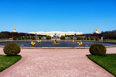 PETERHOF, RUSSIA - 28 Nisan 2019: Petergof, St Petersburg, Rusya 'daki Grand Palace. Peterhof sarayı UNESCO Dünya Mirasları Listesine dahil edildi