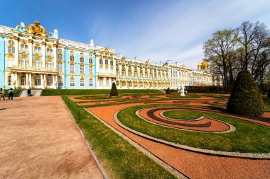 PUSHKIN, RUSSIA - 28 Nisan 2019: Tsarskoe Selo 'daki Catherine Sarayı, Puşkin, St. Petersburg, Rusya