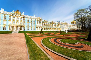PUSHKIN, RUSSIA - 28 Nisan 2019: Tsarskoe Selo 'daki Catherine Sarayı, Puşkin, St. Petersburg, Rusya
