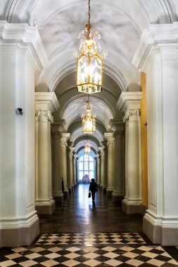 SAINT PETERSBURG, RUSSIA - 30 Nisan 2019: Devlet Hermitage Sanat ve Kültür Müzesi. Dünyanın en eski müzelerinden biri olan müze 1764 yılında Catherine Great tarafından kurulmuştur.: