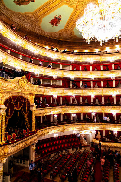 MOSCOW, RUSSIA - MAY 3: The Bolshoi Theatre a historic theater of ballet and opera in Moscow, Russia,the interior auditorium by architect Alberto Cavos in 1895.