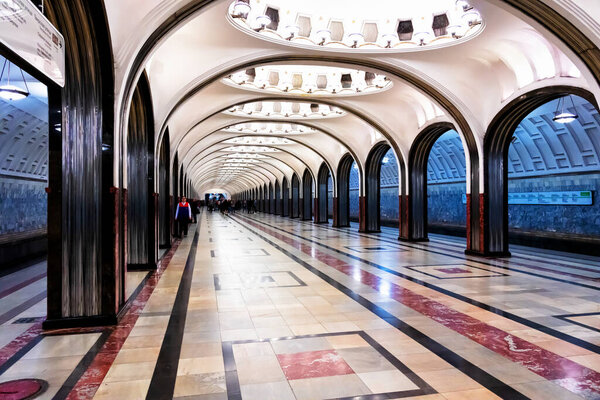 MOSCOW, RUSSIA - MAY 3, 2019: Mayakovskaya subway station in Moscow, Russia. A fine example of Stalinist architecture and one of the most famous Metro stations in the world. Opened in 1938