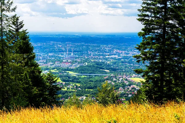 Polonya Beskid Maly 'deki Magurka yamaçlarından Bielsko Biala şehrinin panoramik görüntüsü. Bielsko, dağların eteklerinde iyi bir turistik altyapıya sahip bir şehirdir..