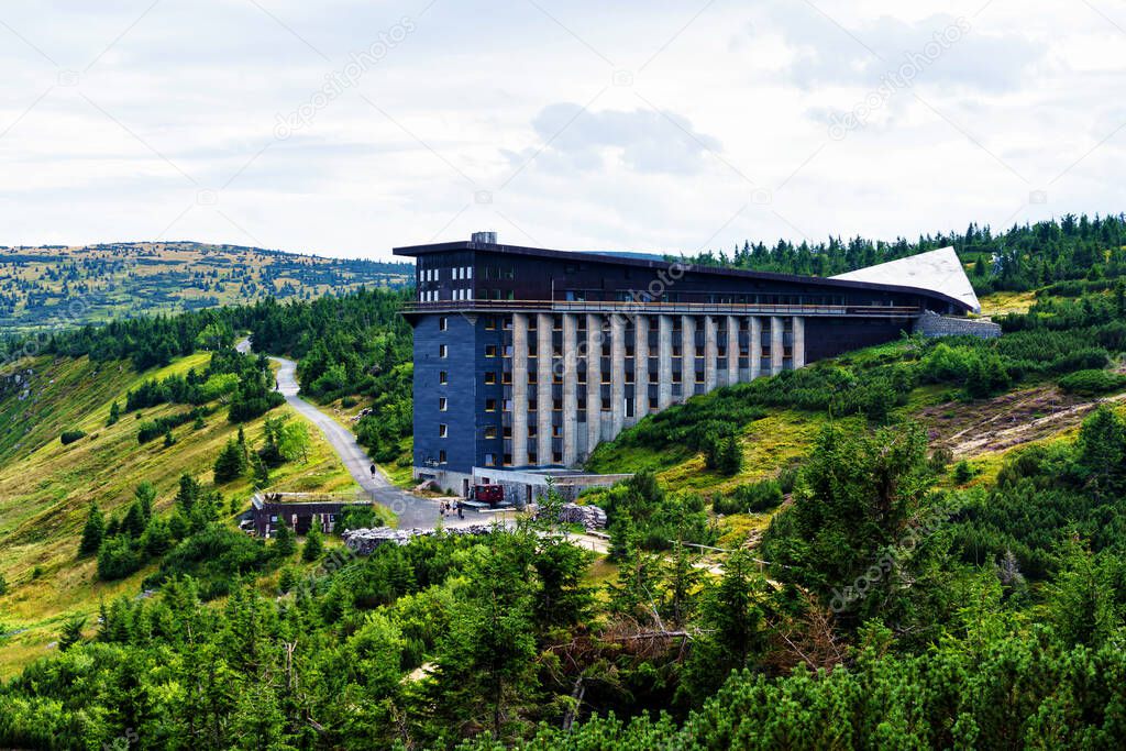 Mountain hotel Labska Bouda in Czech Krkonose mountains national park. Krkonose (Karkonosze in Polish) and part of Sudetes mountains.