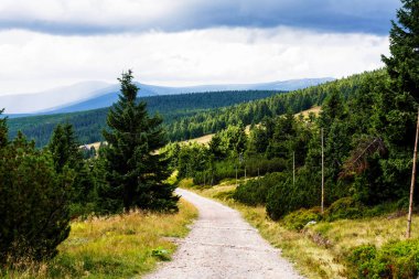 Polonya ve Çek Cumhuriyeti sınırındaki Karkonosze (Krkonose) dağları ve yürüyüş yolları manzarası. Güzel manzaralı yaz manzarası. Spindlerov Mlyn popüler bir turistik yerdir.