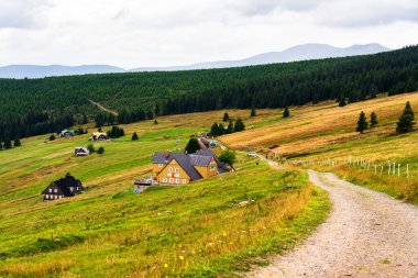 Polonya ve Çek Cumhuriyeti sınırındaki Karkonosze (Krkonose) dağları ve yürüyüş yolları manzarası. Güzel manzaralı yaz manzarası. Spindlerov Mlyn popüler bir turistik yerdir.