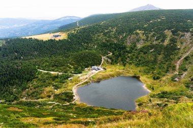 Polonya 'nın Aşağı Silezya bölgesindeki Karkonosze dağlarındaki dağ gölü Ulusal Parkı. Bakir manzaranın güzel yaz manzarası.