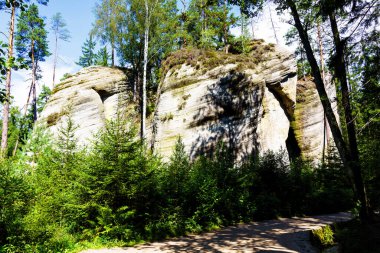 Adrspach Teplice Ulusal Parkı. Çek Cumhuriyeti 'nde kum taşı tepeleri ve oluşumlarından oluşan kaya kasabası