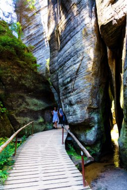 Adrspach Teplice Ulusal Parkı. Çek Cumhuriyeti 'nde kum taşı tepeleri ve oluşumlarından oluşan kaya kasabası