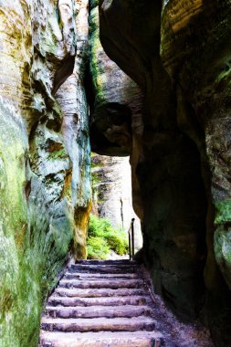 Adrspach Teplice Ulusal Parkı. Çek Cumhuriyeti 'nde kum taşı tepeleri ve oluşumlarından oluşan kaya kasabası
