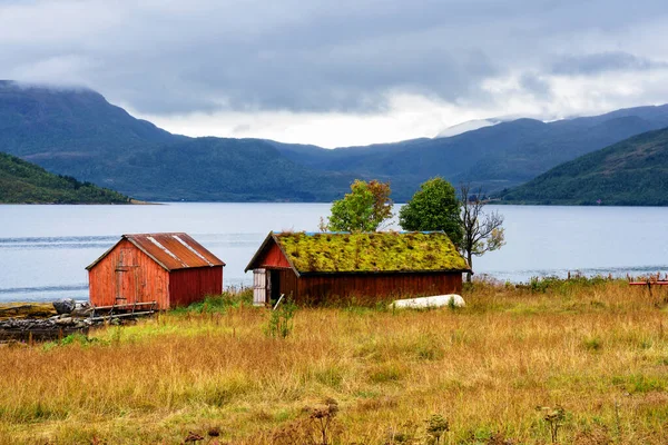 Norweski Krajobraz Wybrzeża Typowym Czerwonym Domem Drewniane Czerwone Domy Nazywane — Zdjęcie stockowe