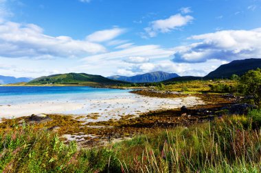 Tipik bir Lofoten Körfezi manzarası. Güzel bir günün sahnesi. Lofoten Adaları dünyanın dört bir yanından gelen insanlar için popüler bir turizm merkezidir ve hala popülerlik kazanmaktadır. Norveç Avrupa