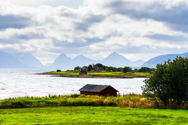 Norwegian Coast Landscape Typical Red House Wooden Red Houses Called — Stock Photo, Image