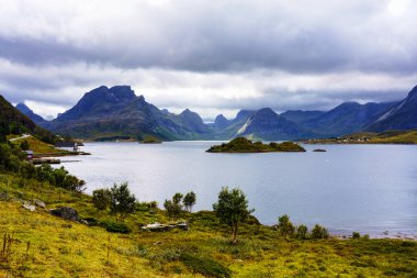 Tipik bir Lofoten Körfezi manzarası. Güzel bir günün sahnesi. Lofoten Adaları dünyanın dört bir yanından gelen insanlar için popüler bir turizm merkezidir ve hala popülerlik kazanmaktadır. Norveç Avrupa