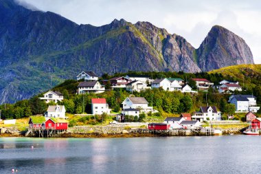 Reine, Lofoten, Norveç. Güneşli, mavi gökyüzünün altındaki Reine köyünde tipik rorbu evleri var..