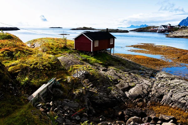 Paisagem Costeira Norueguesa Com Uma Típica Casa Vermelha Casas Vermelhas — Fotografia de Stock