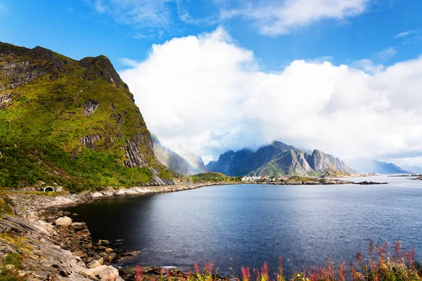 Sunny Aerial Panoramic View Stunning Mountains Village Reine Lofoten Islands — Stock Photo, Image