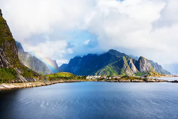 Sunny Aerial Panoramic View Stunning Mountains Village Reine Lofoten Islands — Stock Photo, Image