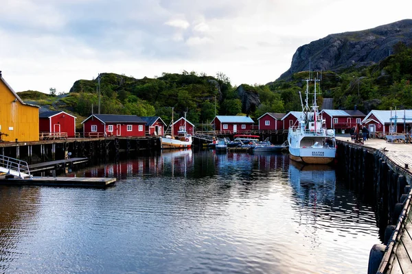 Nusfjord Harbor Colorful Red Fishing Houses Sailing Boat Peaceful Evening — стоковое фото