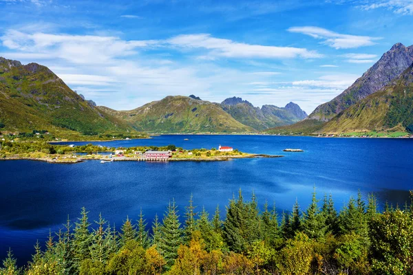 Uma Vista Típica Baía Lofoten Cena Lindo Dia Idílico Com — Fotografia de Stock